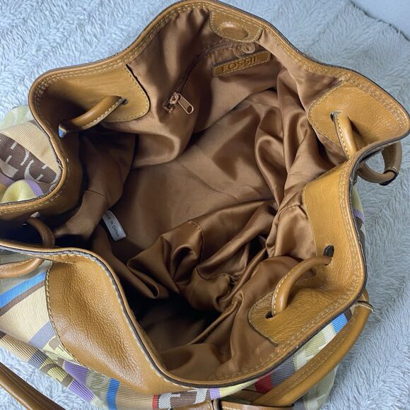 Fossil Logo Leather And Fabric Shoulder Tote Bag Purse Key‎ Multicolor Y2K - Picture 9 of 14